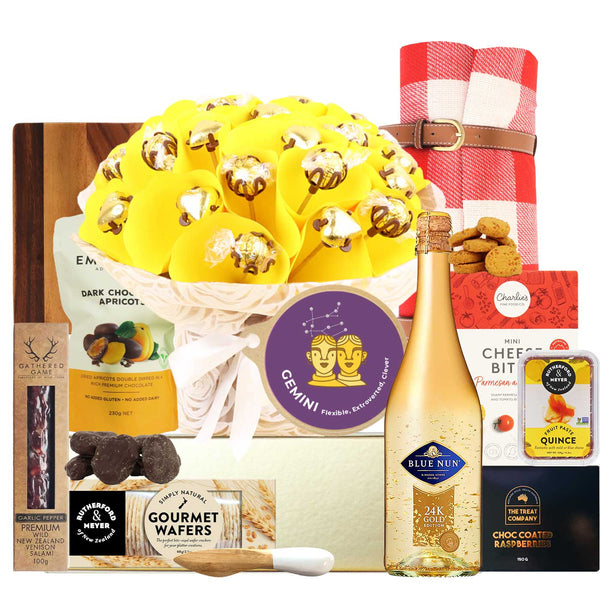 Gemini Bouquet & Everything But Cheese & Wine Gift Hamper