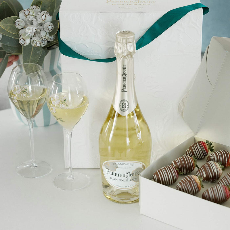 Perrier-Jouët Champagne, Flutes and Chocolate Strawberries